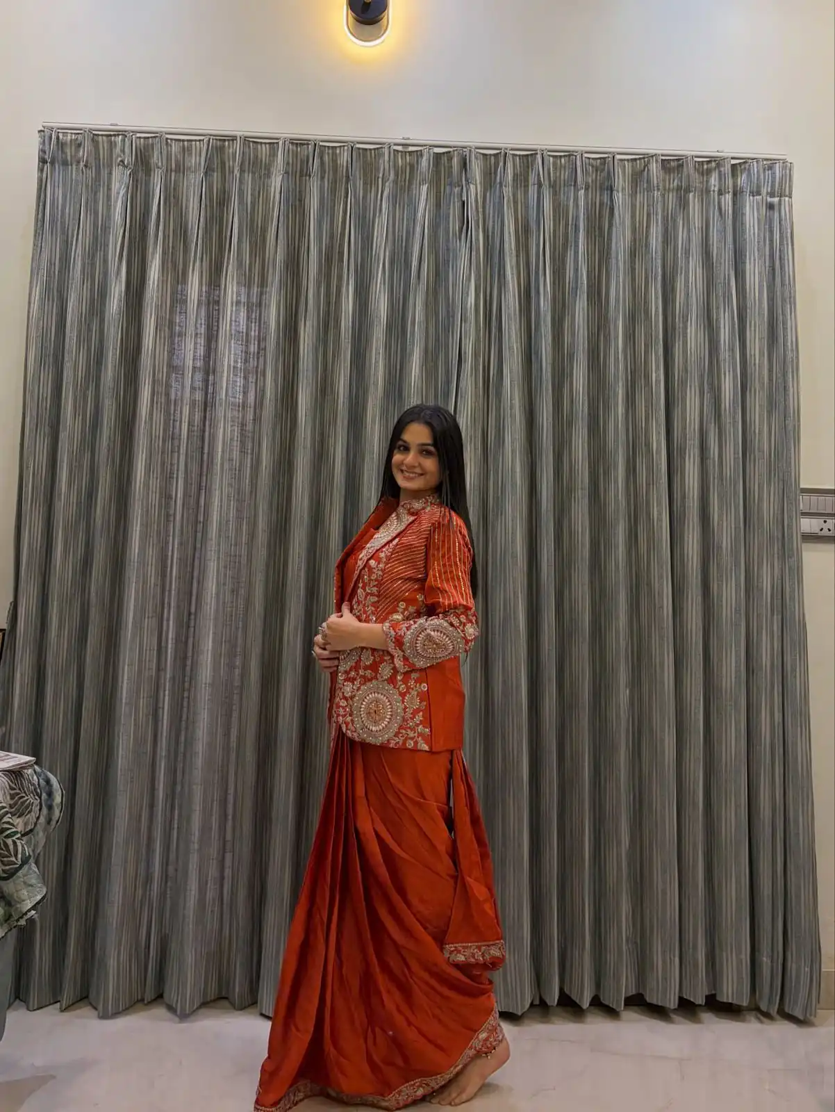 Orange Rangoli Silk Lace Embroidery Work Saree - Image 2