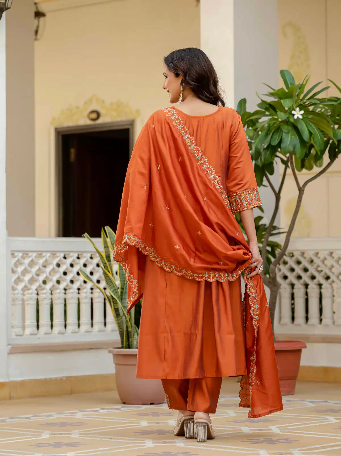 Orange Viscose Roman Silk Mirror Work Anarkali Suit - Image 3