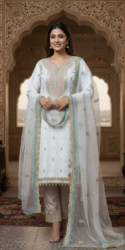 LG 2068 Off White Crape Silk Salwar Suit Perfect for Wedding, Party, Onam, Reception, Housewarming – . Grab it for ₹1999. Delivery 4-6 Working Day | Casual Suits, Jump Suits, Creative suits, Designer Suits, Palazzo Suits, Party Wear Suits, Patiala Suits, Salwar suit, Straight Suits