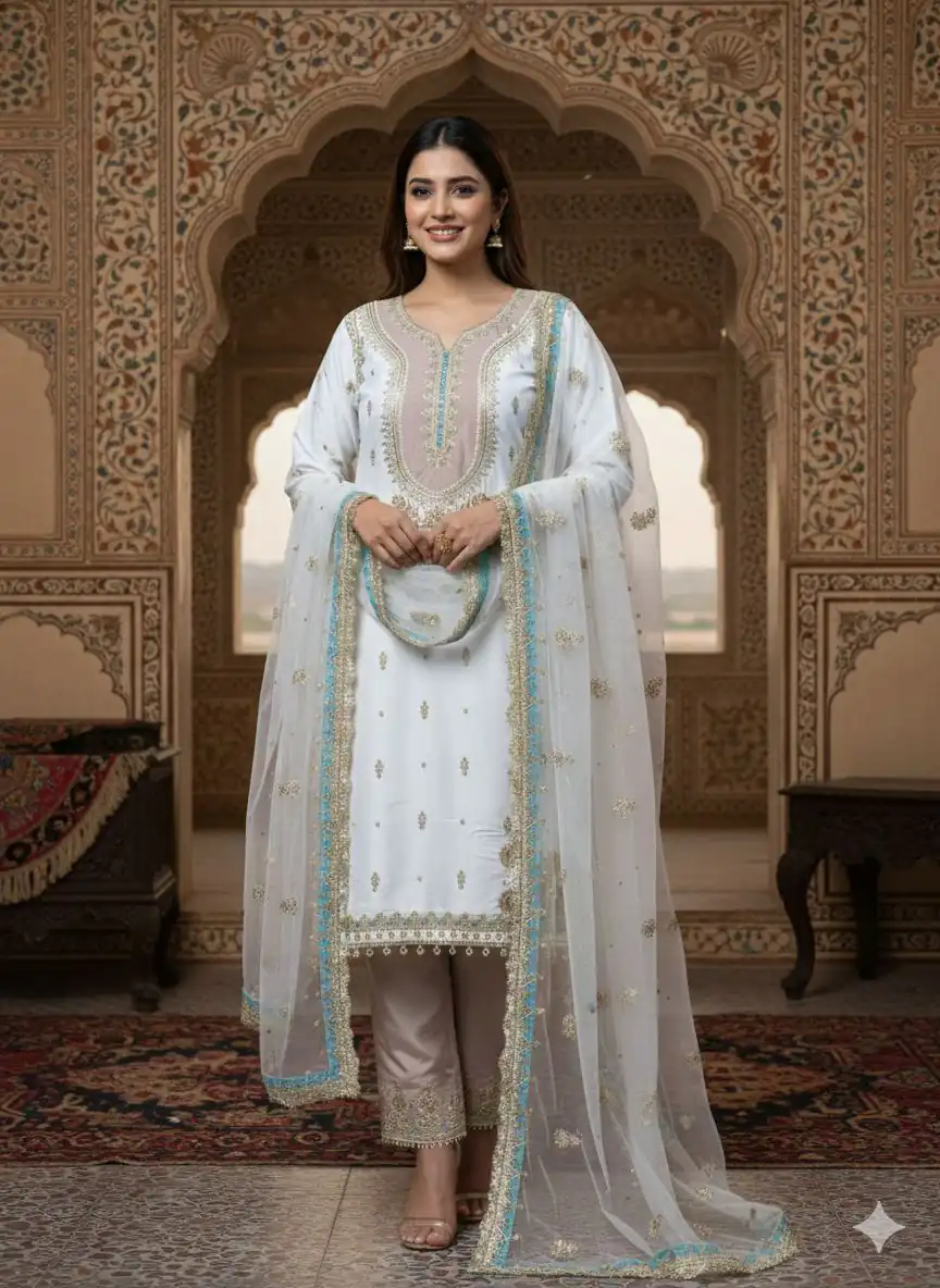 LG 2068 Off White Crape Silk Salwar Suit Perfect for Wedding, Party, Onam, Reception, Housewarming – . Grab it for ₹1999. Delivery 4-6 Working Day | Casual Suits, Jump Suits, Creative suits, Designer Suits, Palazzo Suits, Party Wear Suits, Patiala Suits, Salwar suit, Straight Suits