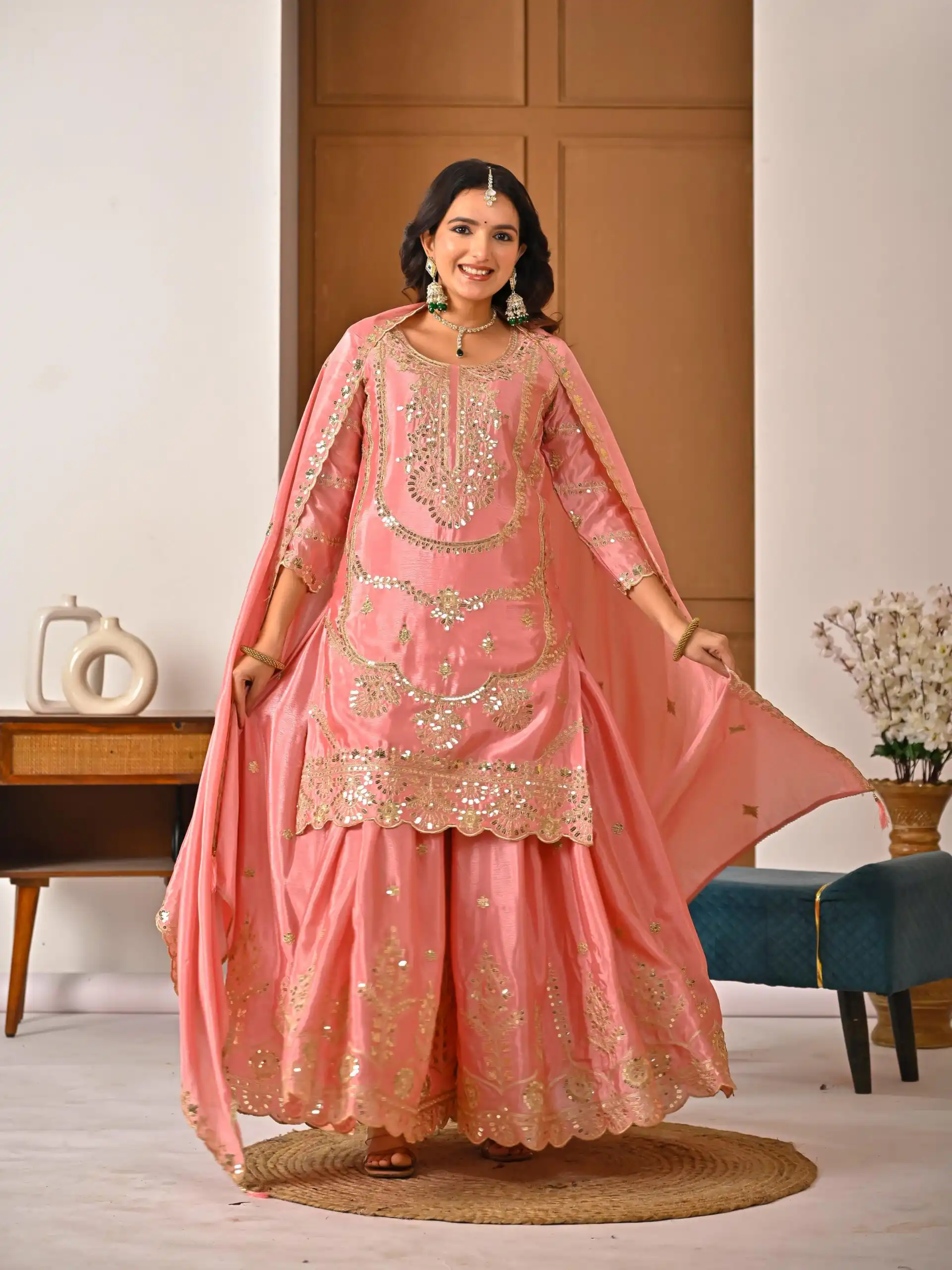 ND 5033 Peach Chinon Silk Salwar Suit with Embroidery Work & Lace Work. Affordable Price ₹2149. Delivery 4-6 Working Days. Shop now. | Casual Suits, Jump Suits, Creative suits, Designer Suits, Palazzo Suits, Party Wear Suits, Patiala Suits, Salwar suit, Straight Suits