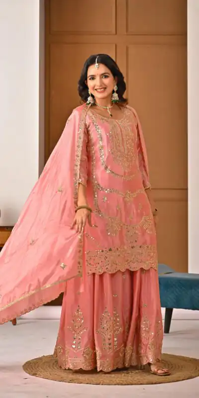 ND 5033 Peach Chinon Silk Salwar Suit with Embroidery Work & Lace Work. Affordable Price ₹2149. Delivery 4-6 Working Days. Shop now. | Casual Suits, Jump Suits, Creative suits, Designer Suits, Palazzo Suits, Party Wear Suits, Patiala Suits, Salwar suit, Straight Suits