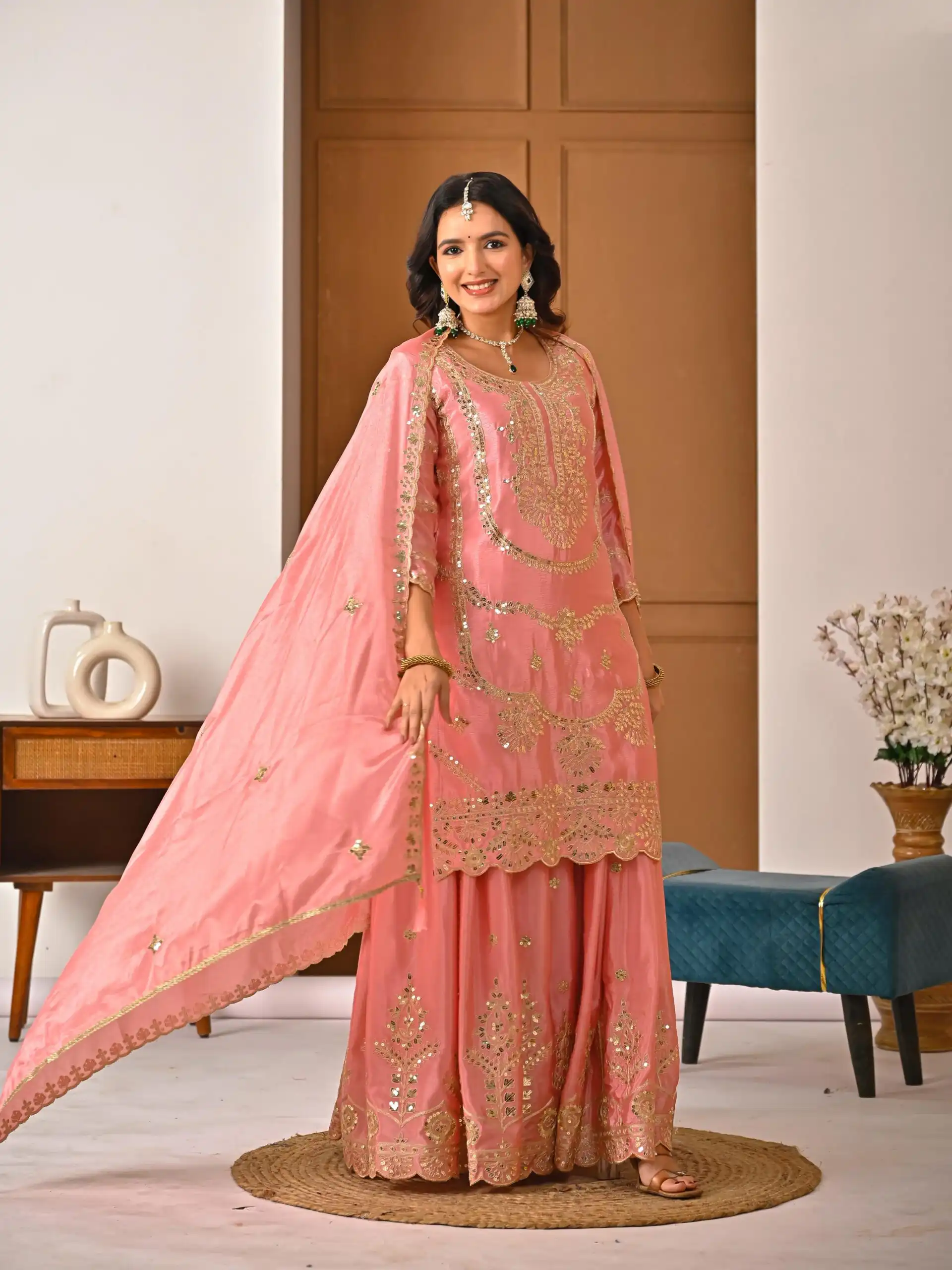 ND 5033 Peach Chinon Silk Salwar Suit with Embroidery Work & Lace Work. Affordable Price ₹2149. Delivery 4-6 Working Days. Shop now. | Casual Suits, Jump Suits, Creative suits, Designer Suits, Palazzo Suits, Party Wear Suits, Patiala Suits, Salwar suit, Straight Suits