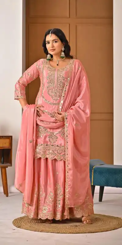 ND 5033 Peach Chinon Silk Salwar Suit with Embroidery Work & Lace Work. Affordable Price ₹2149. Delivery 4-6 Working Days. Shop now. | Casual Suits, Jump Suits, Creative suits, Designer Suits, Palazzo Suits, Party Wear Suits, Patiala Suits, Salwar suit, Straight Suits