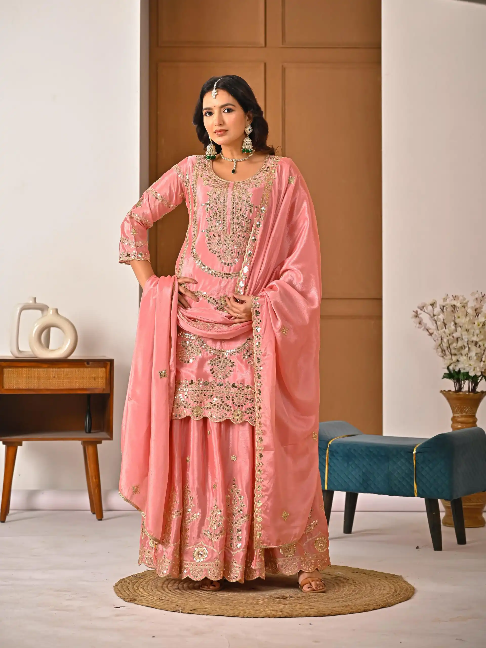 ND 5033 Peach Chinon Silk Salwar Suit with Embroidery Work & Lace Work. Affordable Price ₹2149. Delivery 4-6 Working Days. Shop now. | Casual Suits, Jump Suits, Creative suits, Designer Suits, Palazzo Suits, Party Wear Suits, Patiala Suits, Salwar suit, Straight Suits
