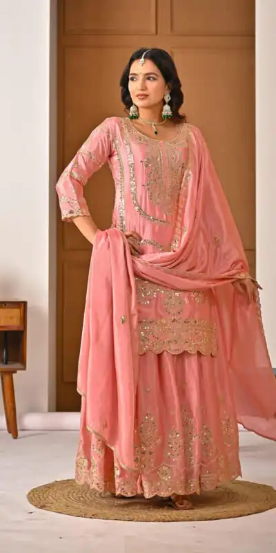 ND 5033 Peach Chinon Silk Salwar Suit with Embroidery Work & Lace Work. Affordable Price ₹2149. Delivery 4-6 Working Days. Shop now. | Casual Suits, Jump Suits, Creative suits, Designer Suits, Palazzo Suits, Party Wear Suits, Patiala Suits, Salwar suit, Straight Suits