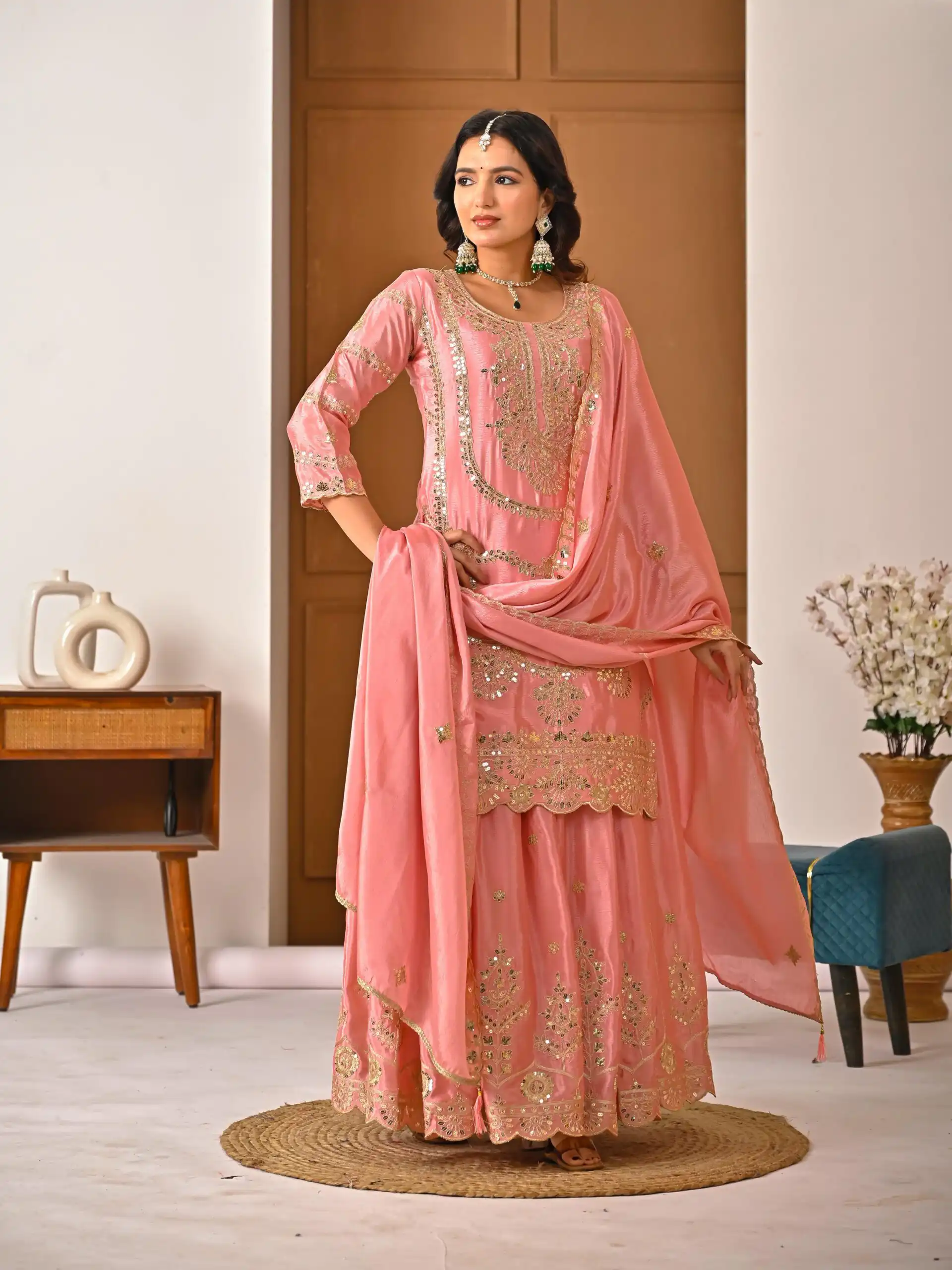 ND 5033 Peach Chinon Silk Salwar Suit with Embroidery Work & Lace Work. Affordable Price ₹2149. Delivery 4-6 Working Days. Shop now. | Casual Suits, Jump Suits, Creative suits, Designer Suits, Palazzo Suits, Party Wear Suits, Patiala Suits, Salwar suit, Straight Suits