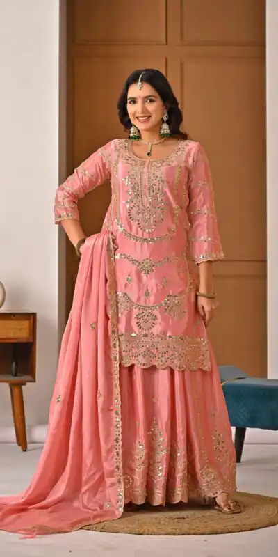 ND 5033 Peach Chinon Silk Salwar Suit with Embroidery Work & Lace Work. Affordable Price ₹2149. Delivery 4-6 Working Days. Shop now. | Casual Suits, Jump Suits, Creative suits, Designer Suits, Palazzo Suits, Party Wear Suits, Patiala Suits, Salwar suit, Straight Suits