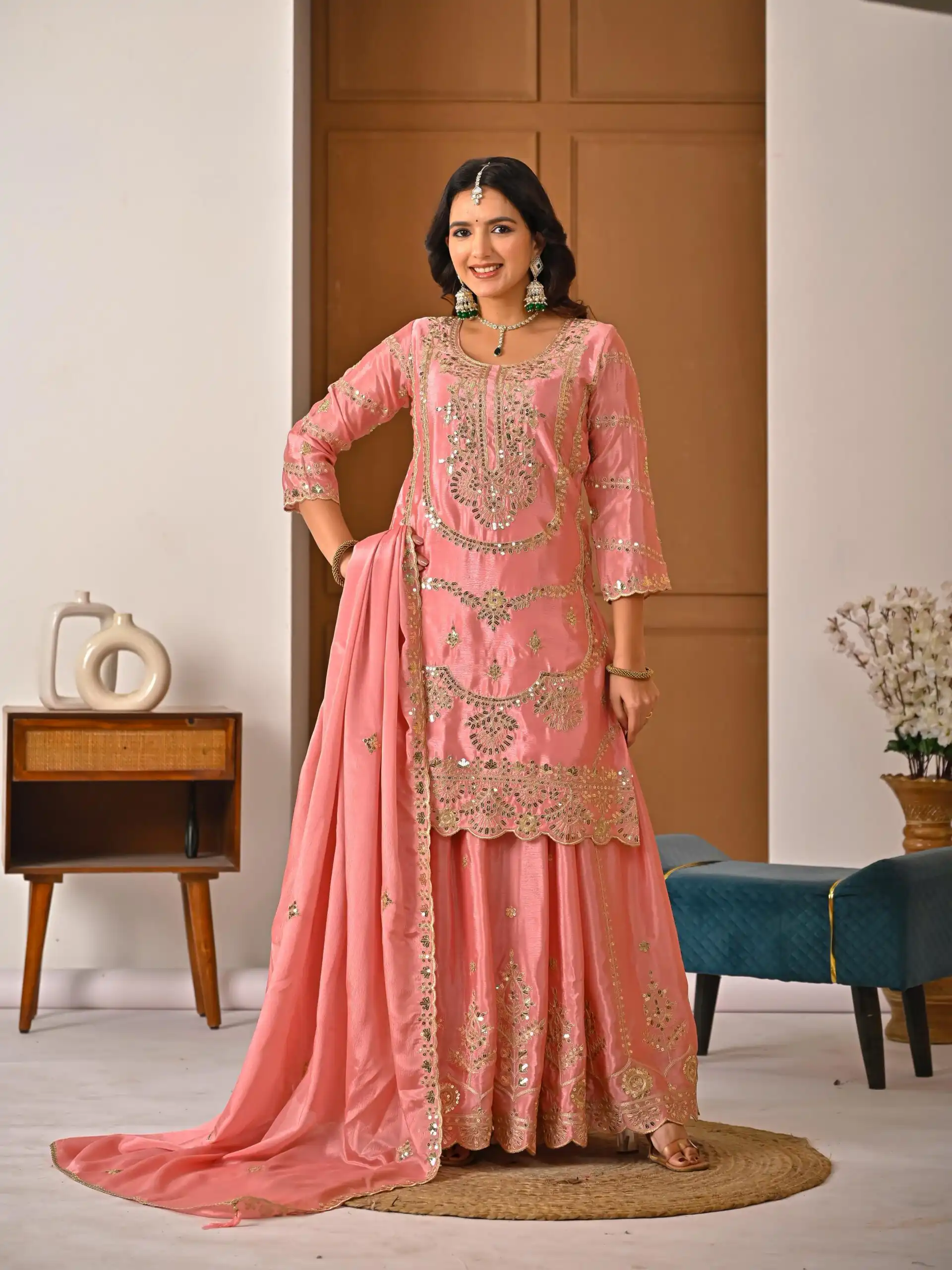 ND 5033 Peach Chinon Silk Salwar Suit with Embroidery Work & Lace Work. Affordable Price ₹2149. Delivery 4-6 Working Days. Shop now. | Casual Suits, Jump Suits, Creative suits, Designer Suits, Palazzo Suits, Party Wear Suits, Patiala Suits, Salwar suit, Straight Suits