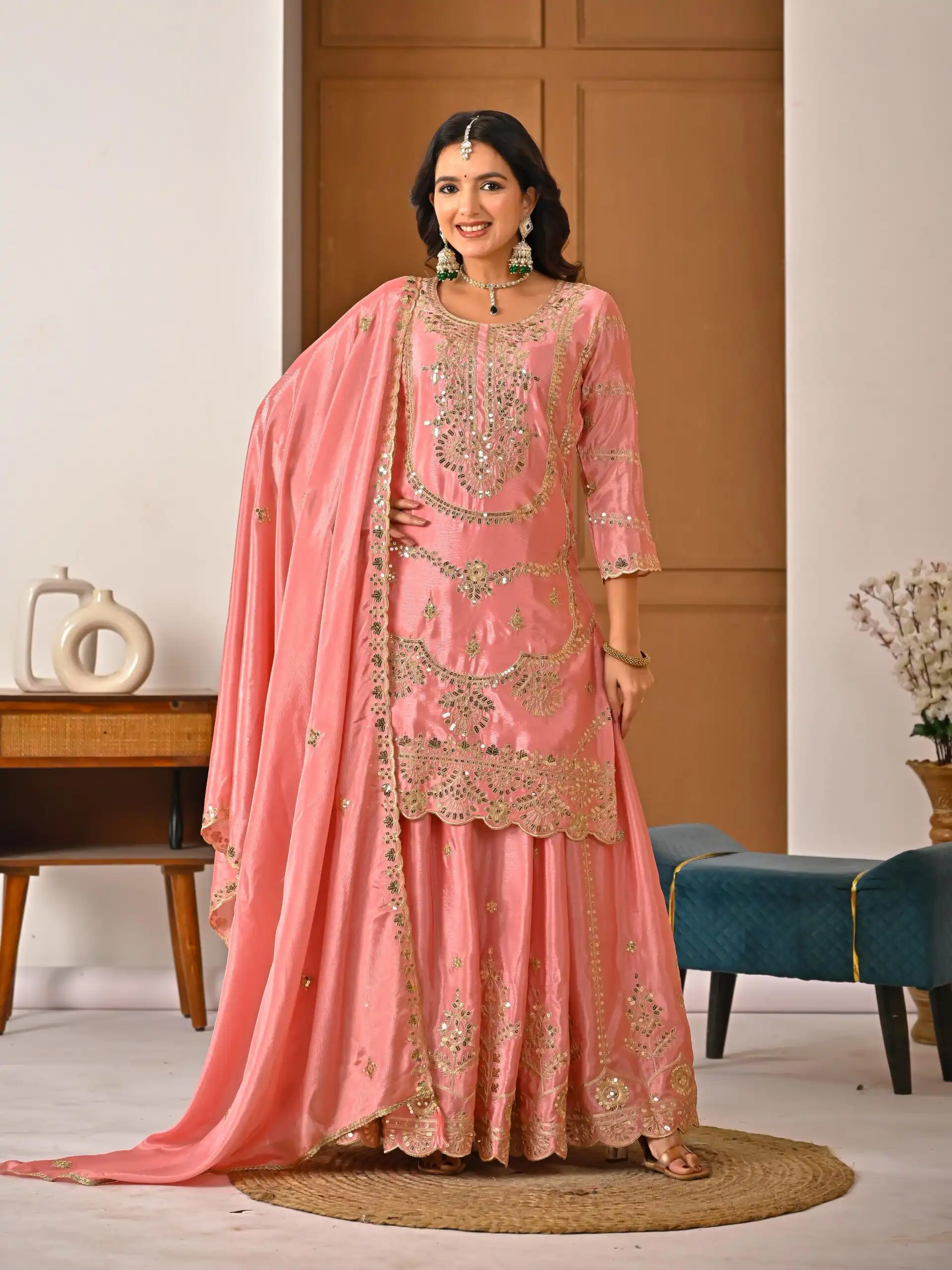 ND 5033 Peach Chinon Silk Salwar Suit with Embroidery Work & Lace Work. Affordable Price ₹2149. Delivery 4-6 Working Days. Shop now. | Casual Suits, Jump Suits, Creative suits, Designer Suits, Palazzo Suits, Party Wear Suits, Patiala Suits, Salwar suit, Straight Suits