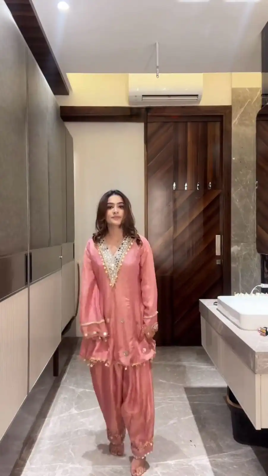 Peach Coss Moss Embroidery Mirror Work Salwar Suit - Image 2