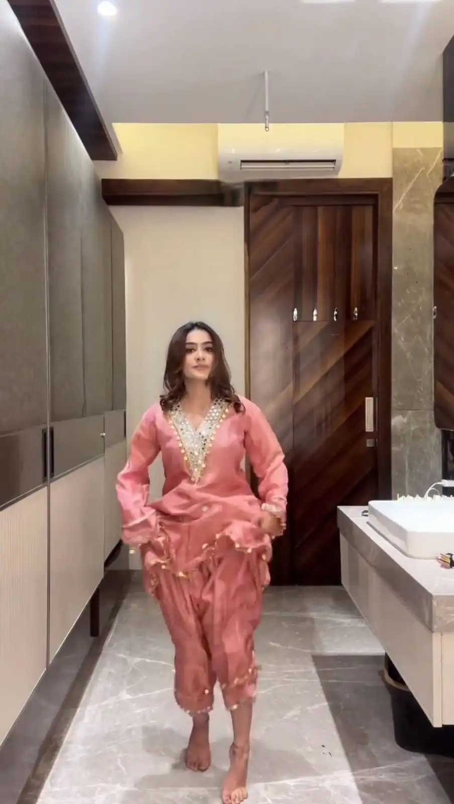 Peach Coss Moss Embroidery Mirror Work Salwar Suit - Image 3