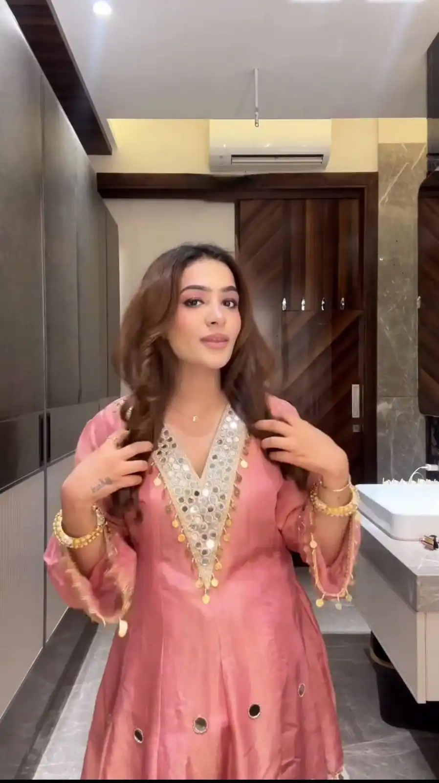 Peach Coss Moss Embroidery Mirror Work Salwar Suit - Image 4