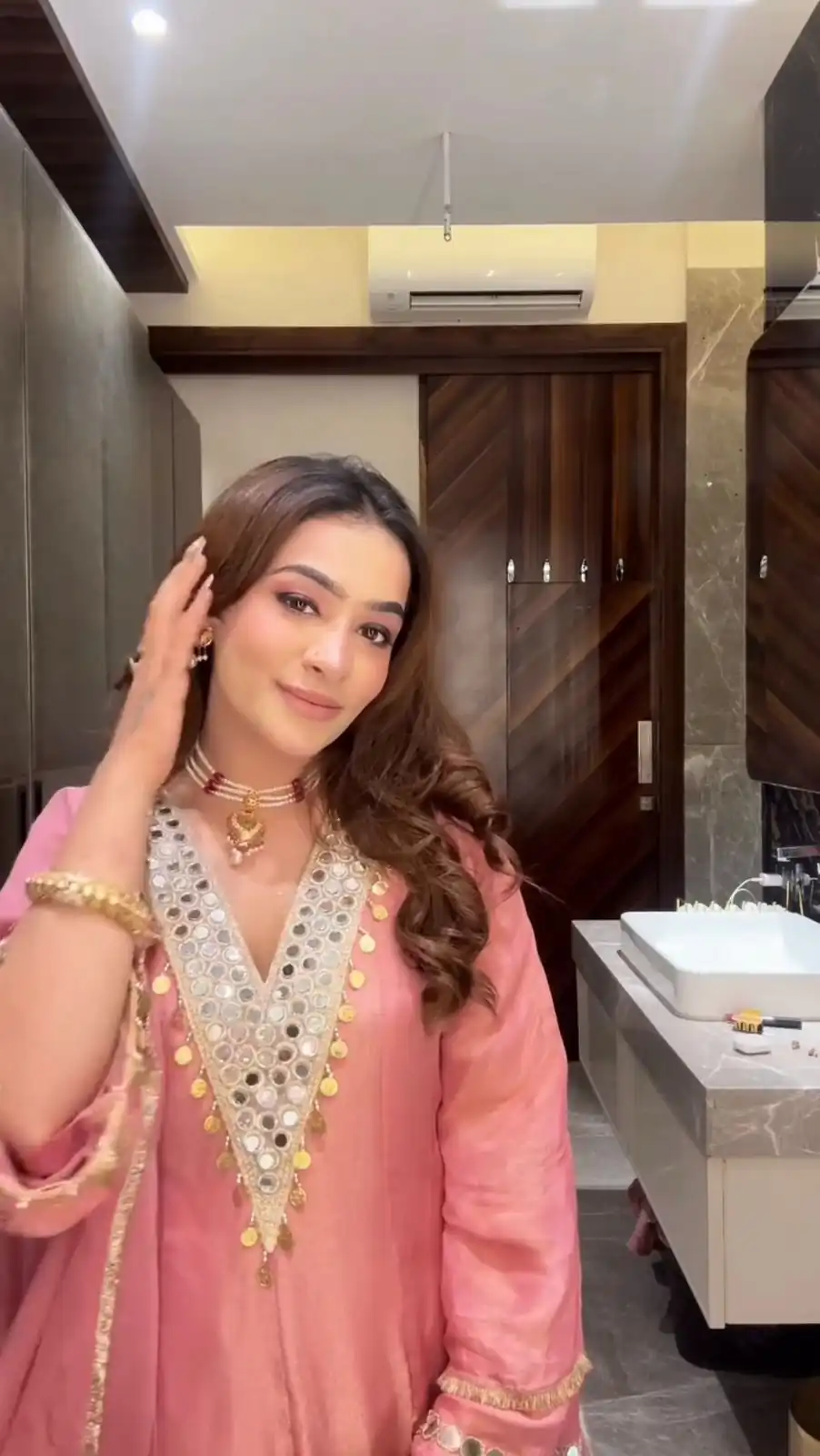 Peach Coss Moss Embroidery Mirror Work Salwar Suit - Image 6