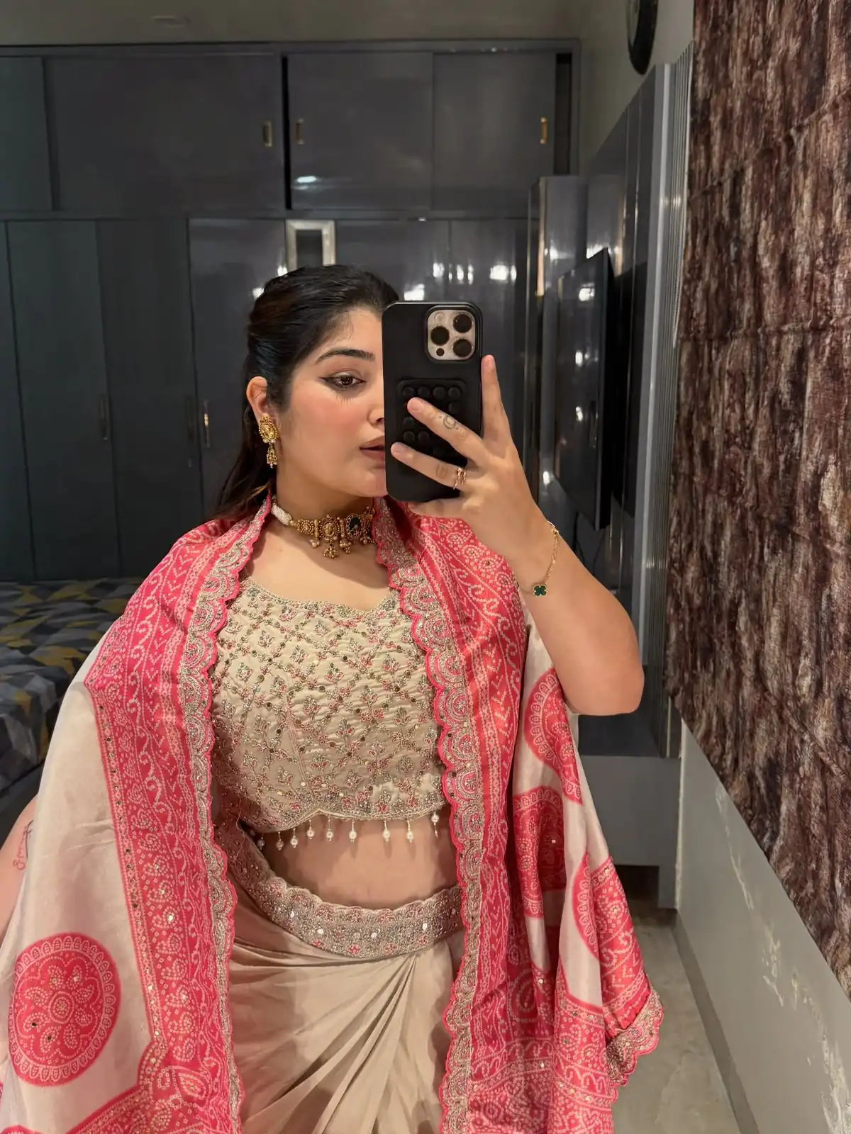 Peach Crap Silk Embroidery Mirror Work Dhoti Suit - Image 5