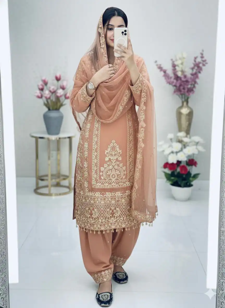 KF 1716 Peach in Color Faux Georgette Embroidery Work Salwar Suit . Exclusive Offer ₹2099. Delivery 4-6 Working Days. Shop now. | Casual Suits, Jump Suits, Tops & Bottoms, Track Suits, Trendy Wear, Creative suits, Designer Suits, Palazzo Suits, Party Wear Suits, Patiala Suits, Salwar suit, Straight Suits
