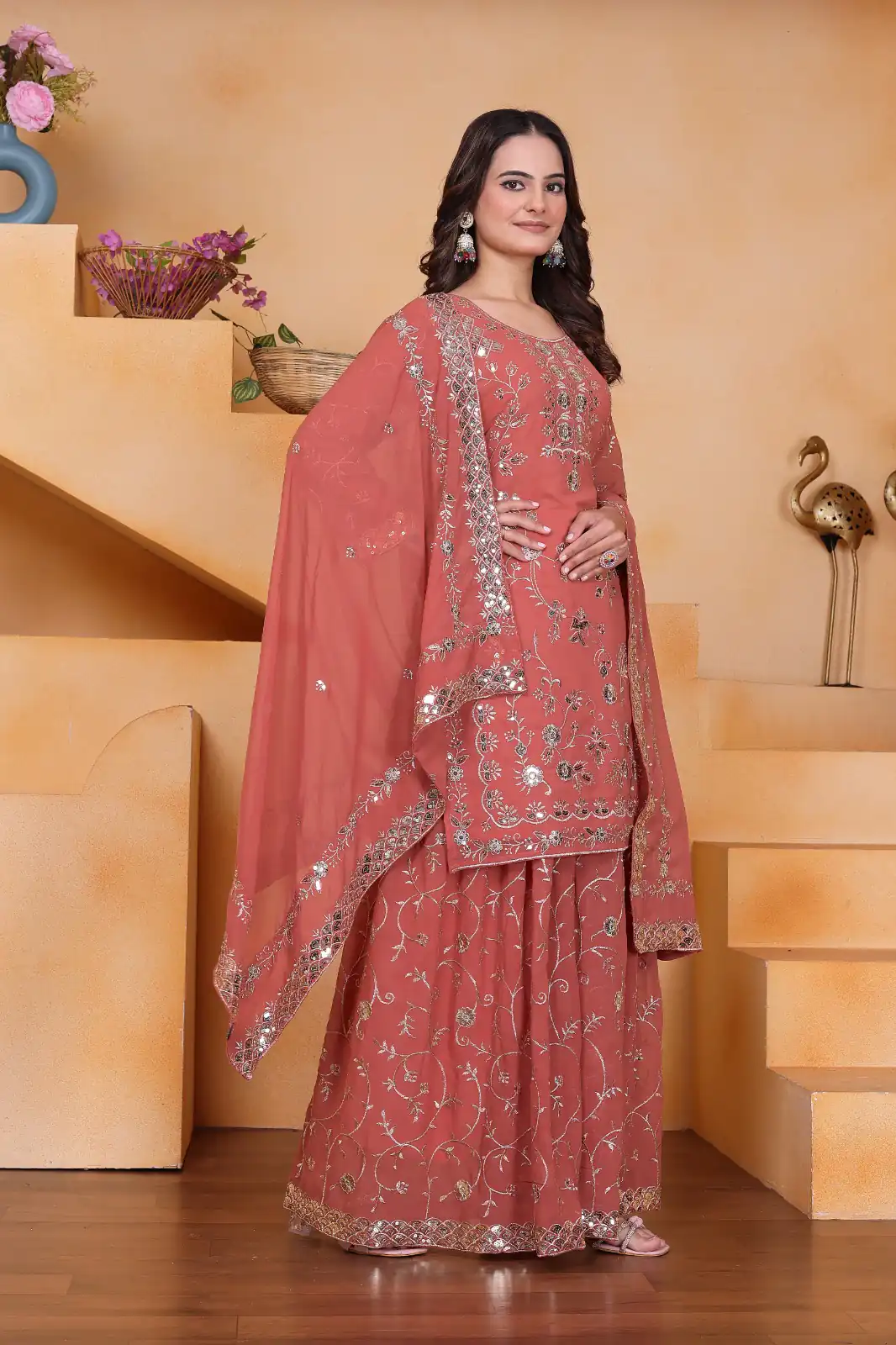 FE 99 Peach Color Fox Georgette Salwar Suit with Embroidery Work. Online Now at just ₹2549. Delivery 4-6 Working Days. Shop now. | Casual Suits, Jump Suits, Creative suits, Designer Suits, Palazzo Suits, Party Wear Suits, Patiala Suits, Salwar suit, Straight Suits