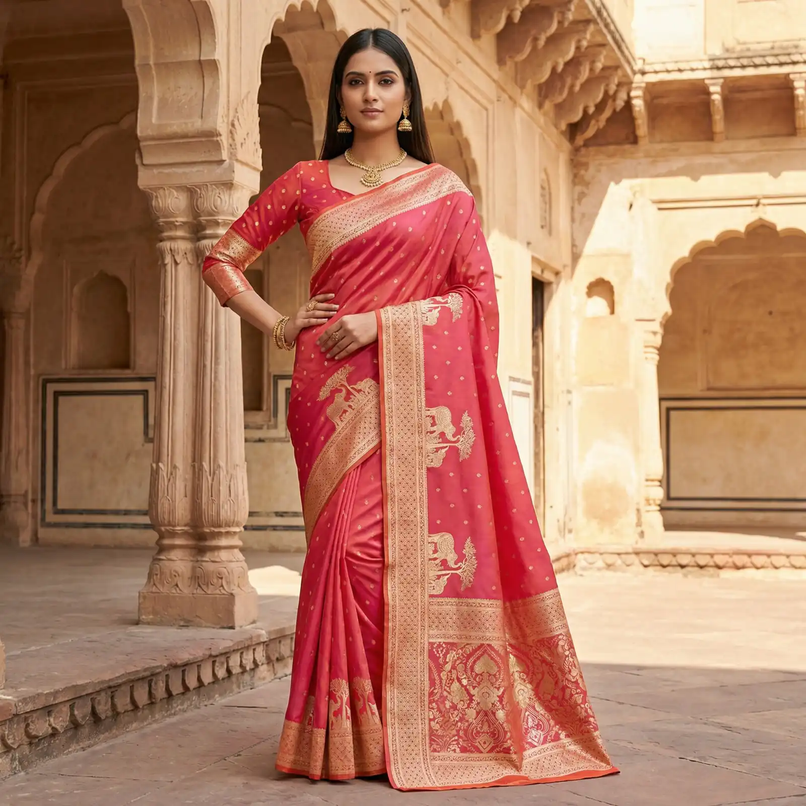 MB 25 GAJRAJ Peach in Pure Banarasi Silk Zari Work & Lace Work Saree . Introductory Price ₹1899. Delivery 4-6 Working Days. Shop now. | Creative Sarees, Bollywood Sarees, Designer Sarees, Embroidered Sarees, Ethnic Saree, Modern Digital sarees, Party Wear Sarees, Sarees