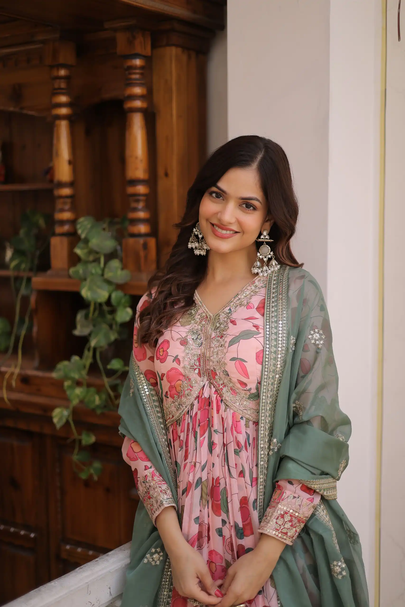 Peach Russian Silk Embroidery Zari Work Gown - Image 3