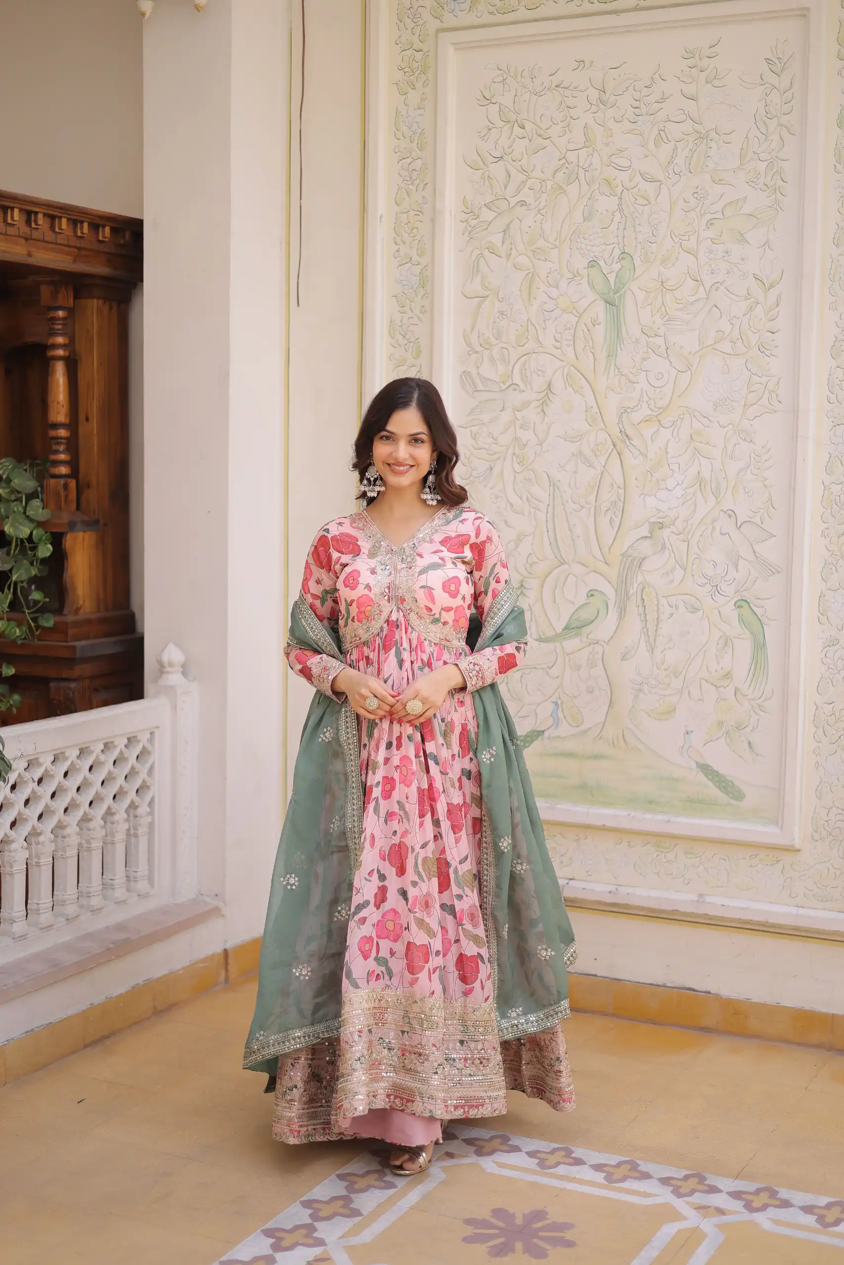 Peach Russian Silk Embroidery Zari Work Gown - Image 4