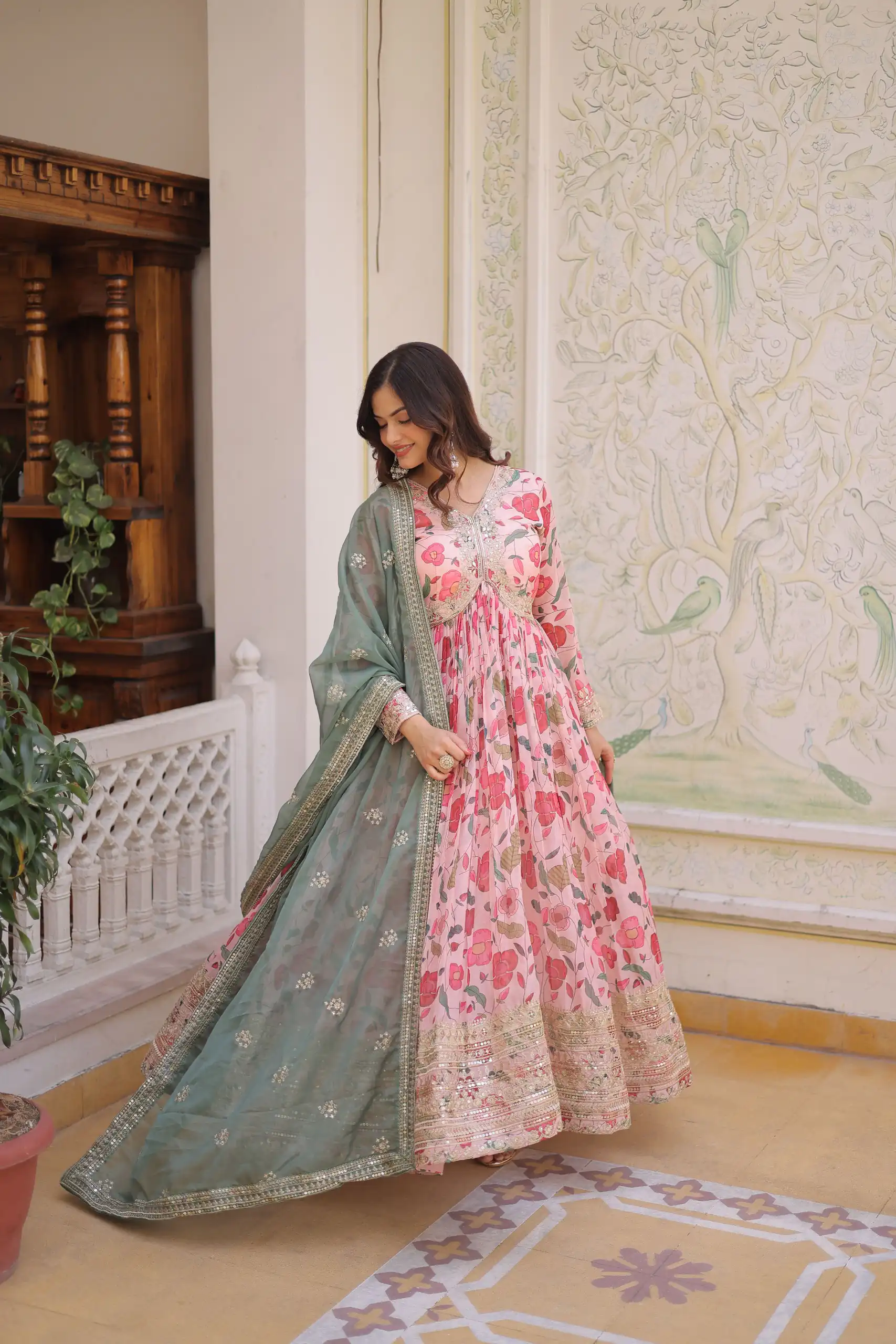 Peach Russian Silk Embroidery Zari Work Gown