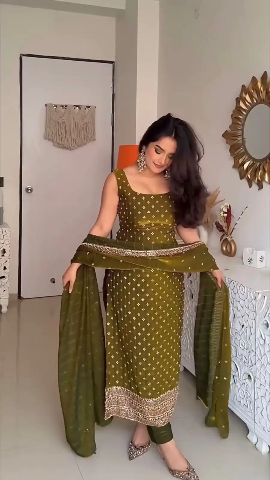 KD 1577 Mehendi Fendy Silk Salwar Suit with Mirror Work & Embroidery Work. Best Price ₹1999. Delivery 4-6 Working Days. Shop now. | Casual Suits, Jump Suits, Creative suits, Designer Suits, Palazzo Suits, Party Wear Suits, Patiala Suits, Salwar suit, Straight Suits