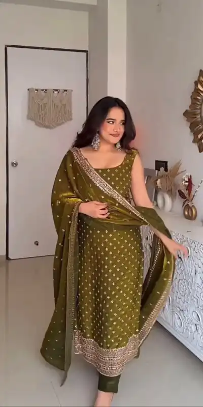 KD 1577 Mehendi Fendy Silk Salwar Suit with Mirror Work & Embroidery Work. Best Price ₹1999. Delivery 4-6 Working Days. Shop now. | Casual Suits, Jump Suits, Creative suits, Designer Suits, Palazzo Suits, Party Wear Suits, Patiala Suits, Salwar suit, Straight Suits