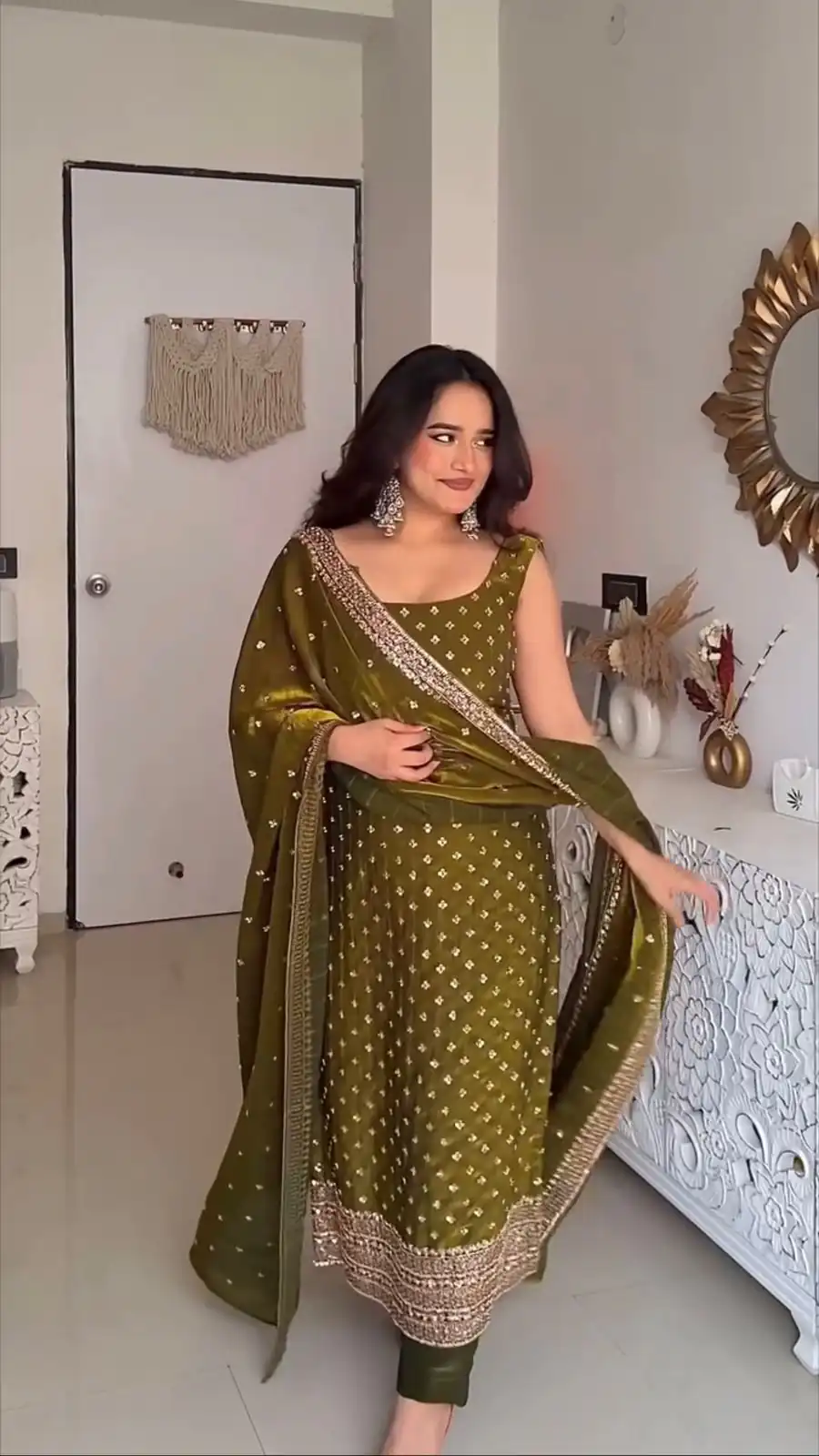 KD 1577 Mehendi Fendy Silk Salwar Suit with Mirror Work & Embroidery Work. Best Price ₹1999. Delivery 4-6 Working Days. Shop now. | Casual Suits, Jump Suits, Creative suits, Designer Suits, Palazzo Suits, Party Wear Suits, Patiala Suits, Salwar suit, Straight Suits