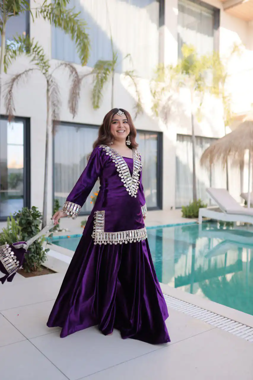 Z 111 Purple in Color 9000 Velvet. Mirror Work & Embroidery Work Salwar Suit Get it for ₹1999. Delivery 4-6 Working Days. Shop now. | Casual Suits, Jump Suits, Creative suits, Designer Suits, Palazzo Suits, Party Wear Suits, Patiala Suits, Salwar suit, Straight Suits