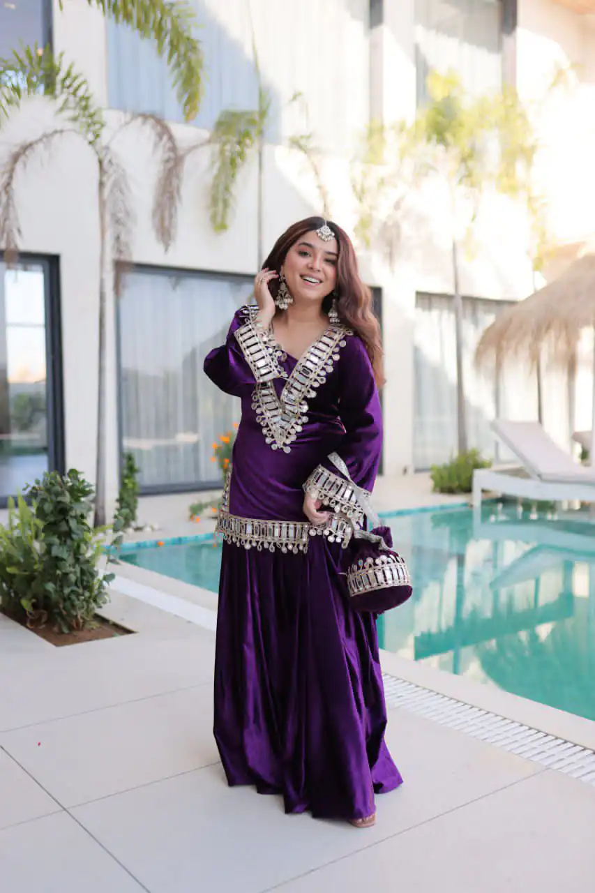 Z 111 Purple in Color 9000 Velvet. Mirror Work & Embroidery Work Salwar Suit Get it for ₹1999. Delivery 4-6 Working Days. Shop now. | Casual Suits, Jump Suits, Creative suits, Designer Suits, Palazzo Suits, Party Wear Suits, Patiala Suits, Salwar suit, Straight Suits