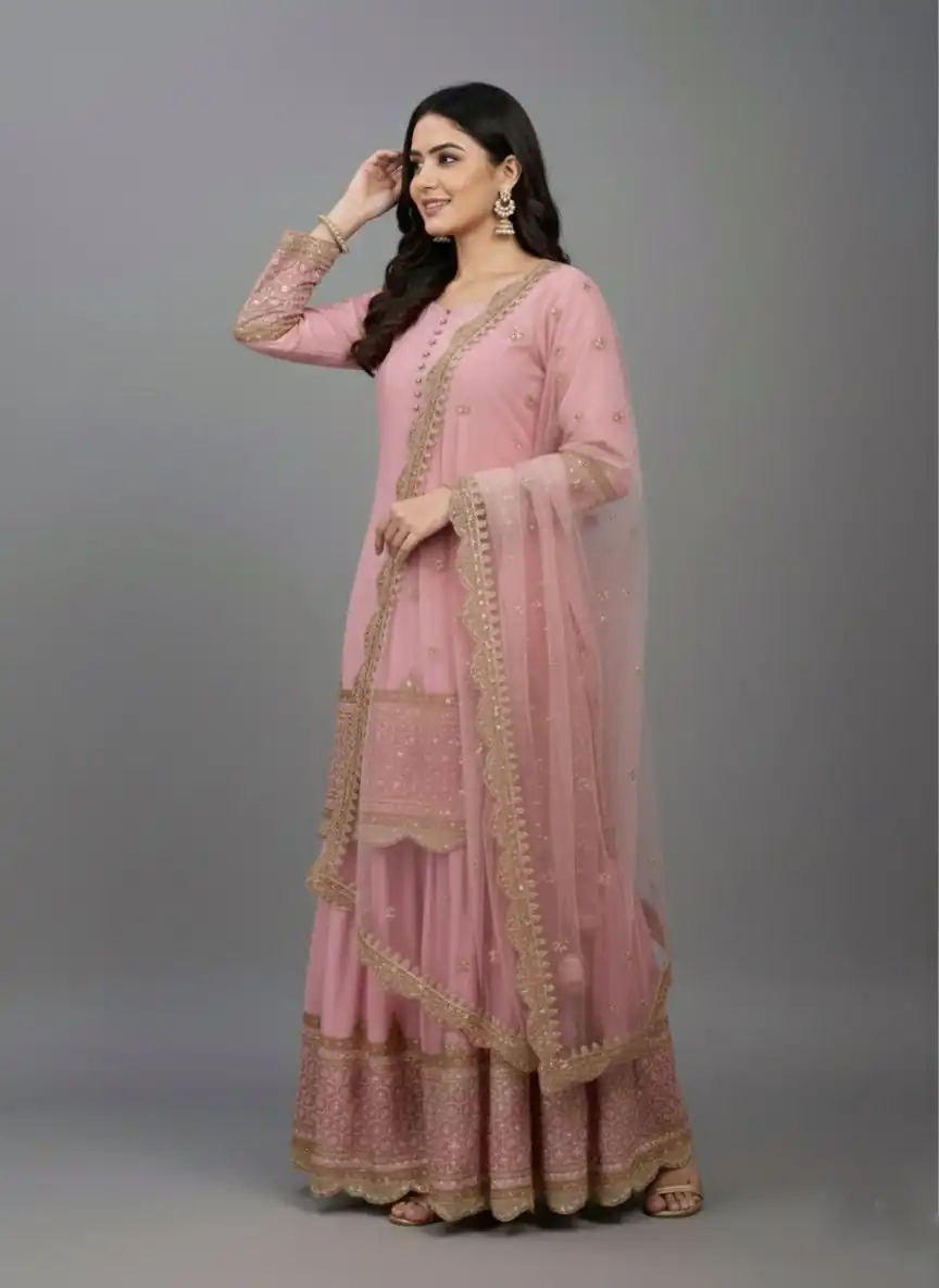 ZF 250 Pink Color Faux Georgette Embroidery Sequence Work Sharara Suit Wedding, Party, Festive, Events Etc. Expected Delivery 4-6 Working Days @2099/- | Casual Suits, Jump Suits, Creative suits, Designer Suits, Palazzo Suits, Party Wear Suits, Patiala Suits, Salwar suit, Straight Suits