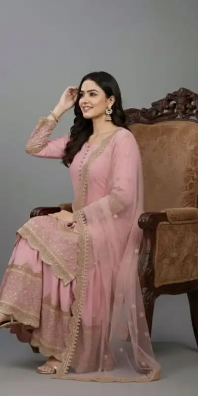 ZF 250 Pink Color Faux Georgette Embroidery Sequence Work Sharara Suit Wedding, Party, Festive, Events Etc. Expected Delivery 4-6 Working Days @2099/- | Casual Suits, Jump Suits, Creative suits, Designer Suits, Palazzo Suits, Party Wear Suits, Patiala Suits, Salwar suit, Straight Suits