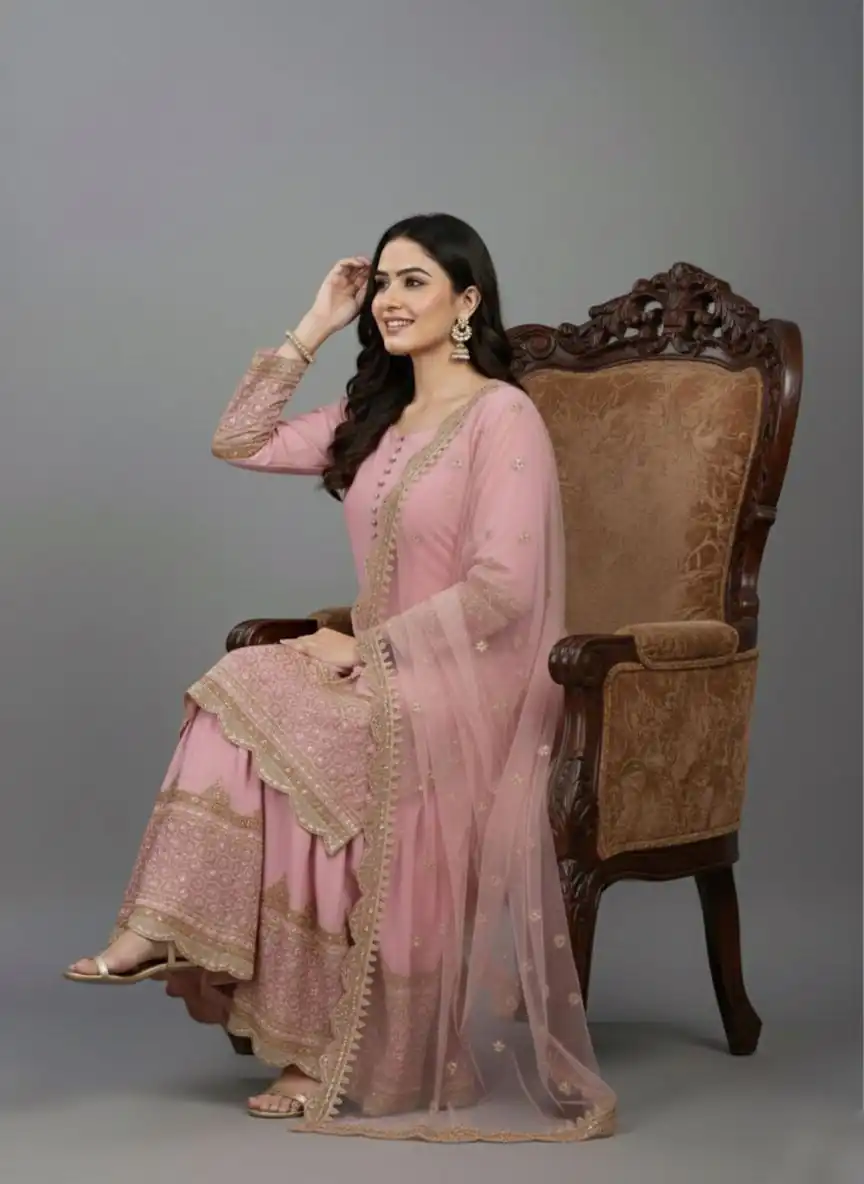 ZF 250 Pink Color Faux Georgette Embroidery Sequence Work Sharara Suit Wedding, Party, Festive, Events Etc. Expected Delivery 4-6 Working Days @2099/- | Casual Suits, Jump Suits, Creative suits, Designer Suits, Palazzo Suits, Party Wear Suits, Patiala Suits, Salwar suit, Straight Suits