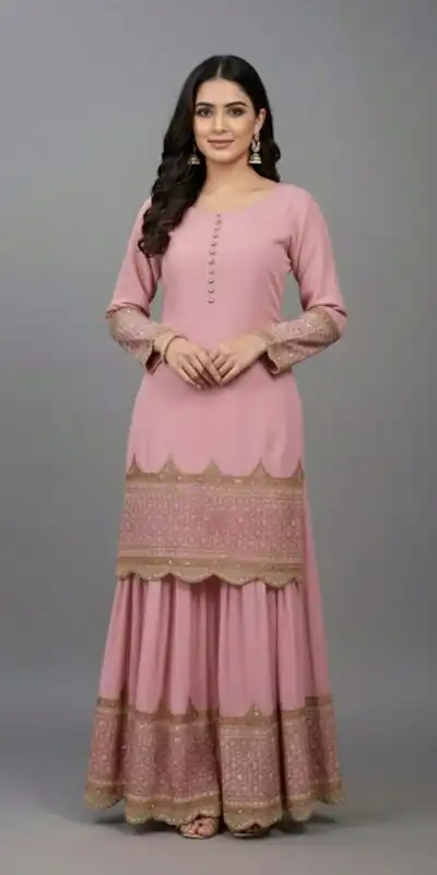 ZF 250 Pink Color Faux Georgette Embroidery Sequence Work Sharara Suit Wedding, Party, Festive, Events Etc. Expected Delivery 4-6 Working Days @2099/- | Casual Suits, Jump Suits, Creative suits, Designer Suits, Palazzo Suits, Party Wear Suits, Patiala Suits, Salwar suit, Straight Suits