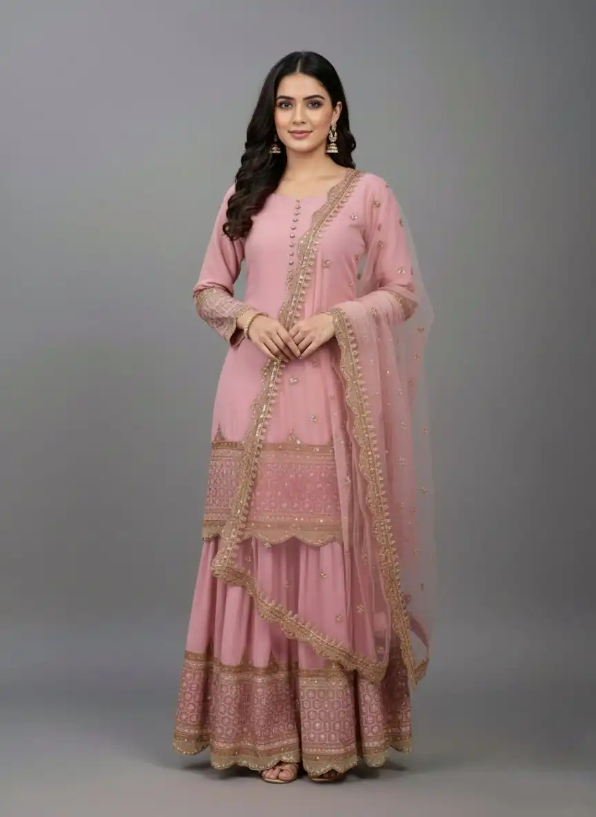 ZF 250 Pink Color Faux Georgette Embroidery Sequence Work Sharara Suit Wedding, Party, Festive, Events Etc. Expected Delivery 4-6 Working Days @2099/- | Casual Suits, Jump Suits, Creative suits, Designer Suits, Palazzo Suits, Party Wear Suits, Patiala Suits, Salwar suit, Straight Suits