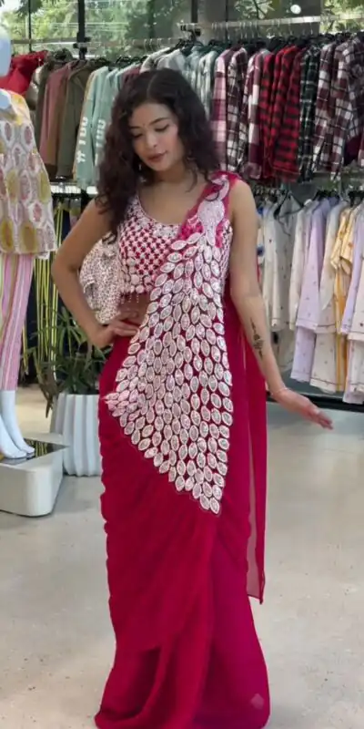 ST 1165 Pink Faux Georgette Saree with Embroidery Work & Sequins Work. Now at just ₹1799. Delivery 4-6 Working Days. Shop now. | Creative Sarees, Bollywood Sarees, Designer Sarees, Embroidered Sarees, Ethnic Saree, Modern Digital sarees, Party Wear Sarees, Sarees