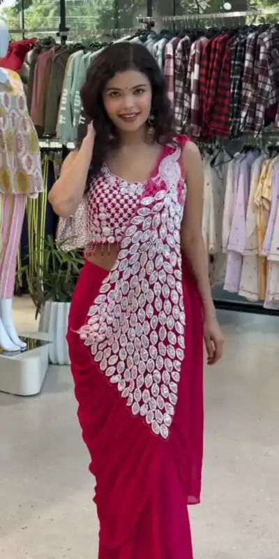 ST 1165 Pink Faux Georgette Saree with Embroidery Work & Sequins Work. Now at just ₹1799. Delivery 4-6 Working Days. Shop now. | Creative Sarees, Bollywood Sarees, Designer Sarees, Embroidered Sarees, Ethnic Saree, Modern Digital sarees, Party Wear Sarees, Sarees