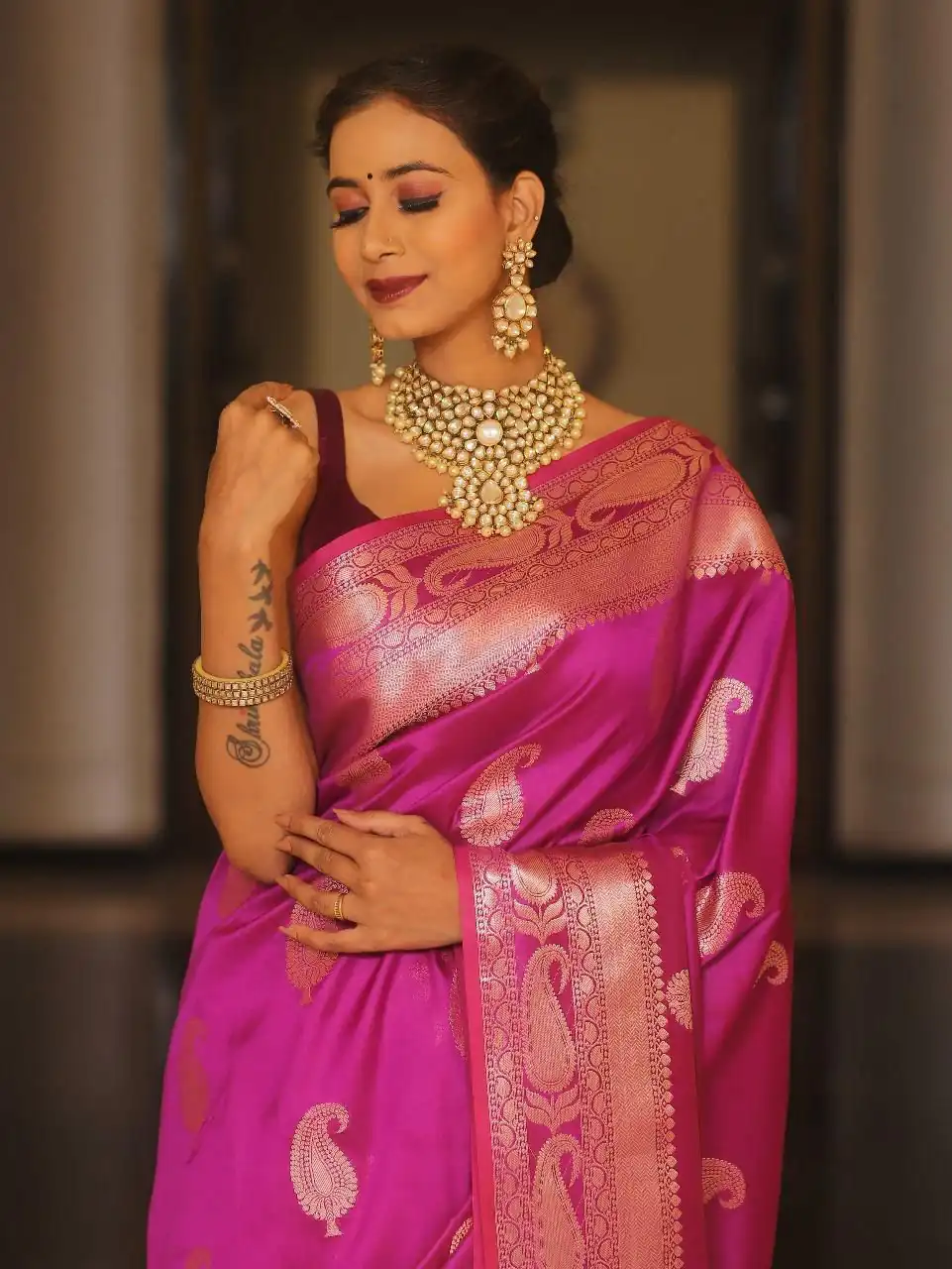 Pink Lichi Silk Border Lace Work Saree - Image 3