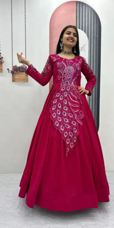PC 564 Pink Vichitra Silk Gown Perfect for Wedding, Party, Holi, Anniversary, Mehendi –. Grab it for ₹2049. Delivery 4-6 Working Days. Shop now. | Bollywood Gowns, Creative Gowns, Designer Gowns, Embroidered Gowns, Gowns, Party Wear Gowns