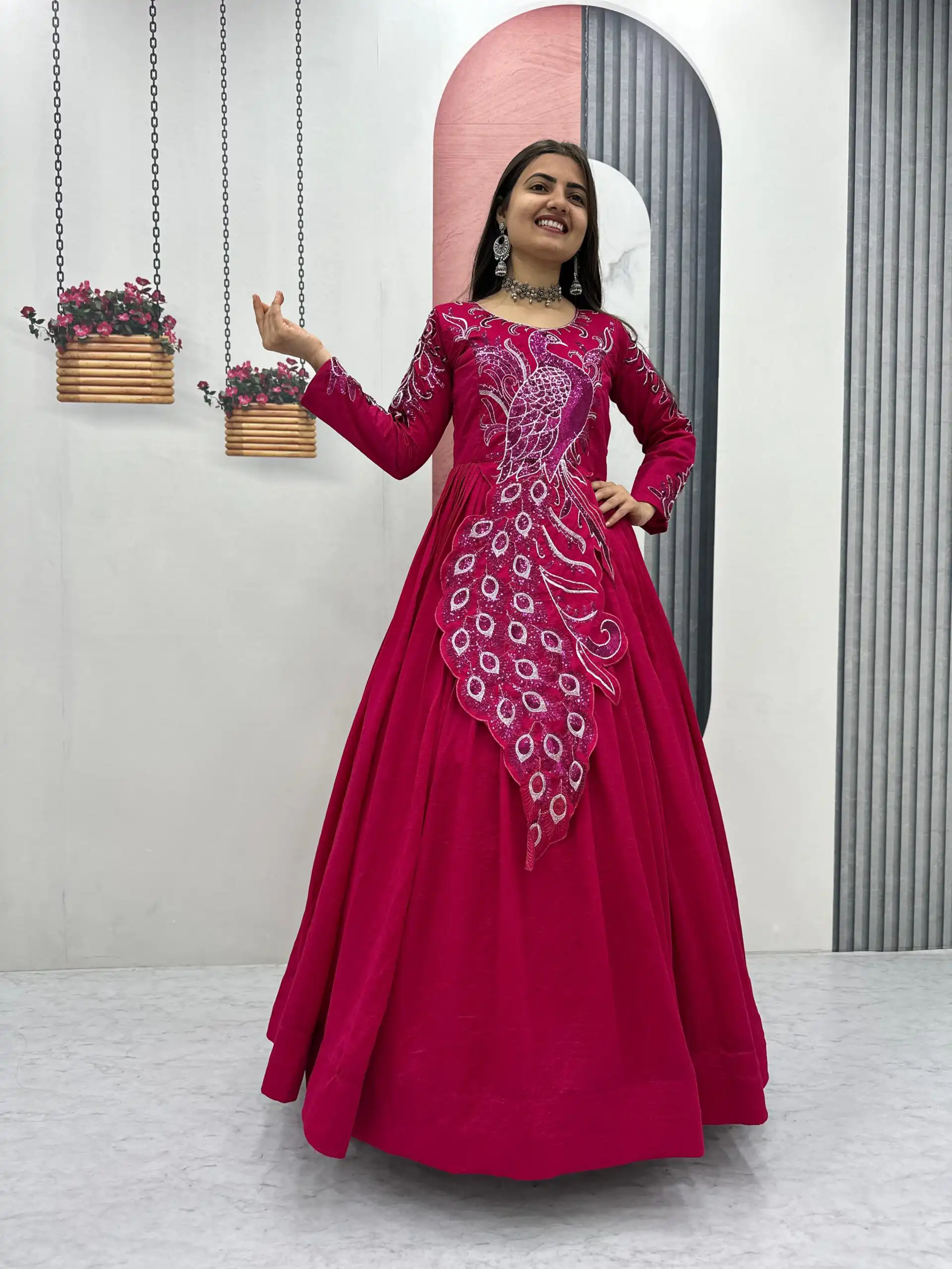 PC 564 Pink Vichitra Silk Gown Perfect for Wedding, Party, Holi, Anniversary, Mehendi –. Grab it for ₹2049. Delivery 4-6 Working Days. Shop now. | Bollywood Gowns, Creative Gowns, Designer Gowns, Embroidered Gowns, Gowns, Party Wear Gowns