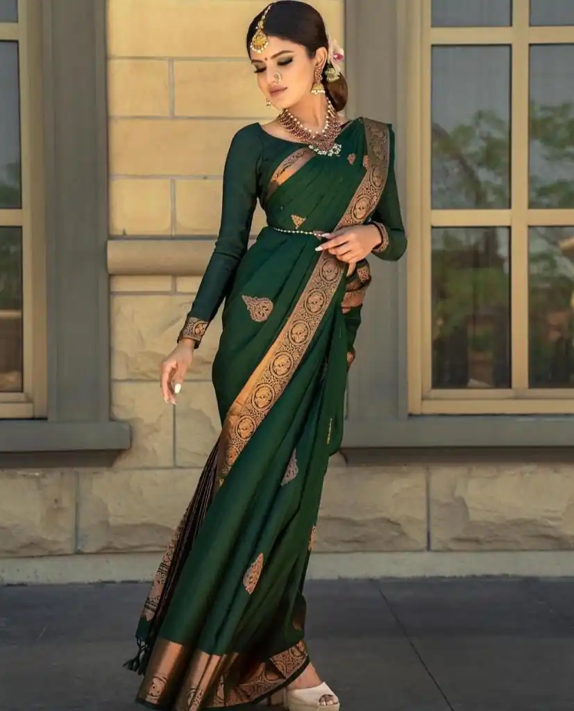 KPR 129 Green Soft Lichi Silk Saree Perfect for Wedding, Party, Reception, Diwali, Ethnic Day – . Affordable Price ₹1349. Delivery 4-6 Working Days. | Creative Sarees, Bollywood Sarees, Designer Sarees, Embroidered Sarees, Ethnic Saree, Modern Digital sarees, Party Wear Sarees, Sarees