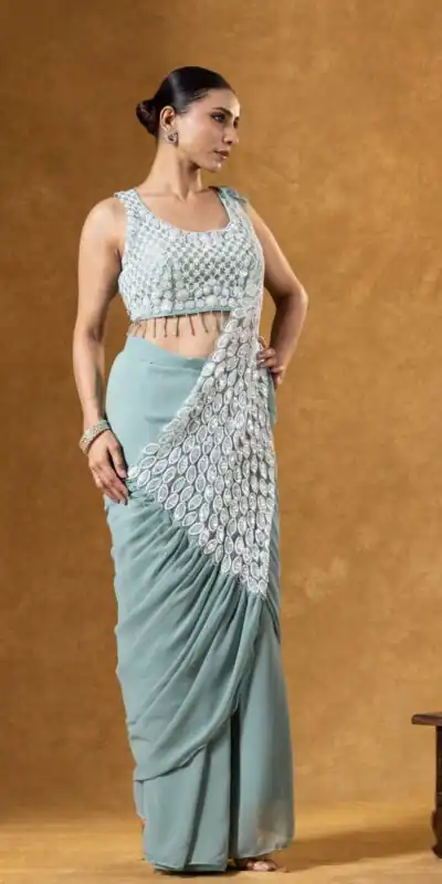 ST 1165 Grey Faux Georgette Saree with Embroidery Work & Sequins Work. Now at just ₹1799. Delivery 4-6 Working Days. Shop now. | Creative Sarees, Bollywood Sarees, Designer Sarees, Embroidered Sarees, Ethnic Saree, Modern Digital sarees, Party Wear Sarees, Sarees