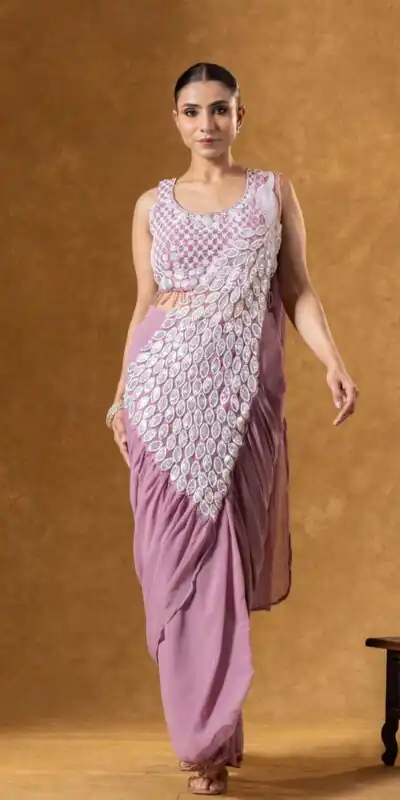 ST 1165 Onion Faux Georgette Saree with Embroidery Work & Sequins Work. Now at just ₹1799. Delivery 4-6 Working Days. Shop now. | Creative Sarees, Bollywood Sarees, Designer Sarees, Embroidered Sarees, Ethnic Saree, Modern Digital sarees, Party Wear Sarees, Sarees