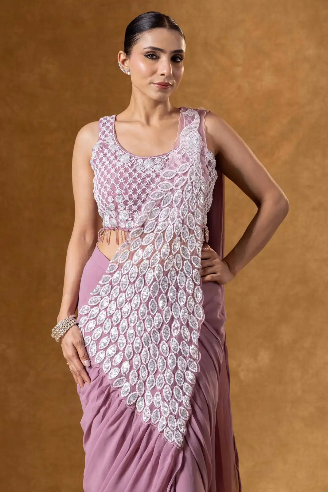 ST 1165 Onion Faux Georgette Saree with Embroidery Work & Sequins Work. Now at just ₹1799. Delivery 4-6 Working Days. Shop now. | Creative Sarees, Bollywood Sarees, Designer Sarees, Embroidered Sarees, Ethnic Saree, Modern Digital sarees, Party Wear Sarees, Sarees