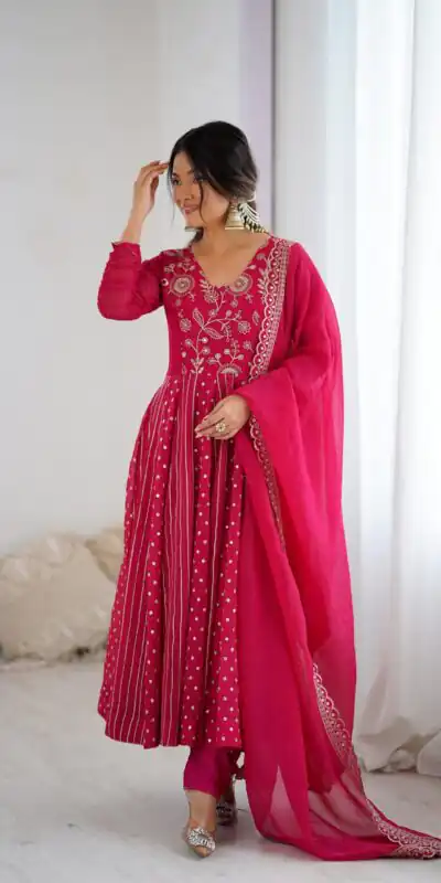 SRK 5293 Pink With Crunchy Silk With Fully Flair with Lace Work & Embroidery Work Anarkali Gown . Introductory Price ₹2149. Delivery 4-6 Worki | Bollywood Gowns, Creative Gowns, Designer Gowns, Embroidered Gowns, Gowns, Party Wear Gowns