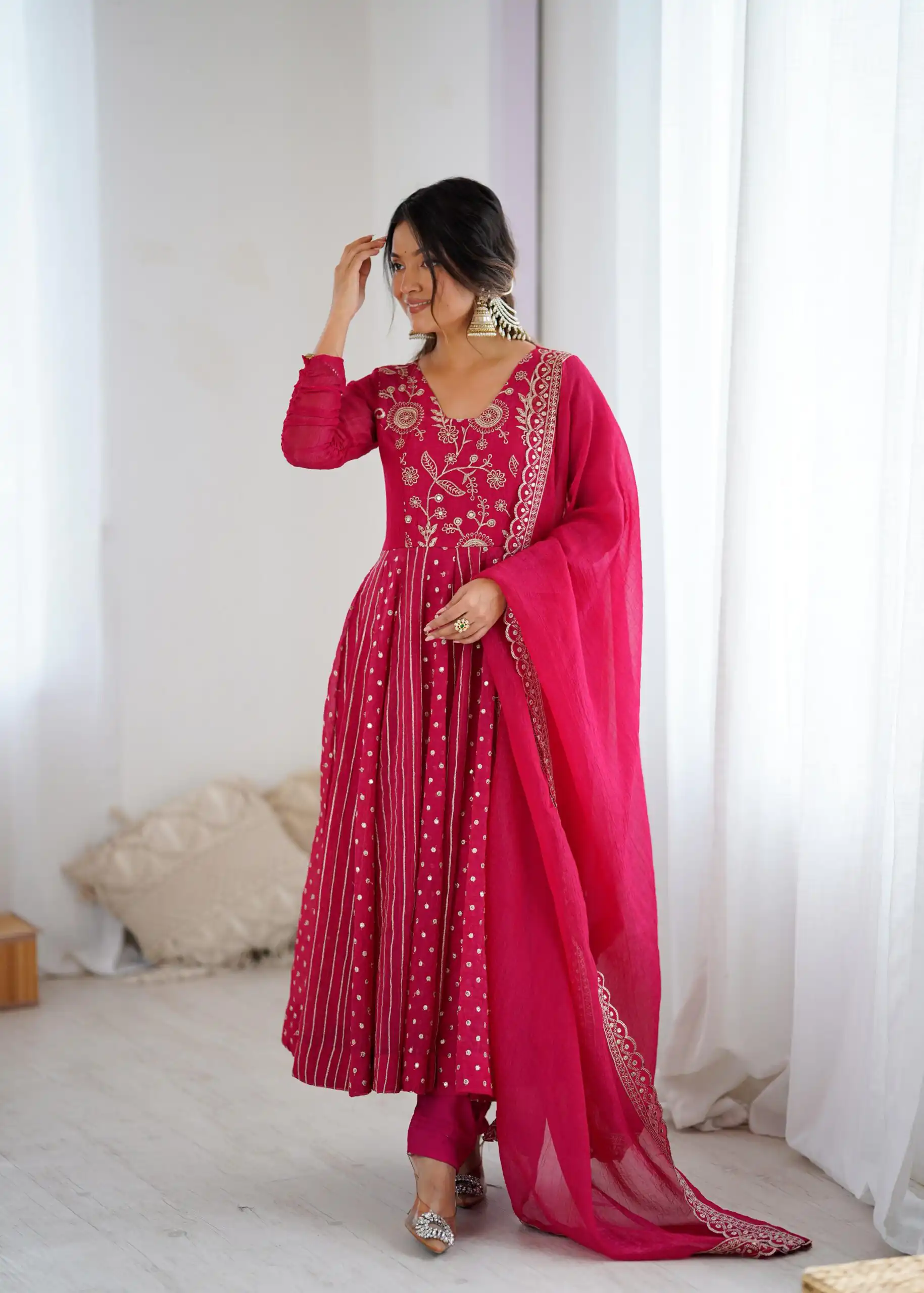 SRK 5293 Pink With Crunchy Silk With Fully Flair with Lace Work & Embroidery Work Anarkali Gown . Introductory Price ₹2149. Delivery 4-6 Worki | Bollywood Gowns, Creative Gowns, Designer Gowns, Embroidered Gowns, Gowns, Party Wear Gowns