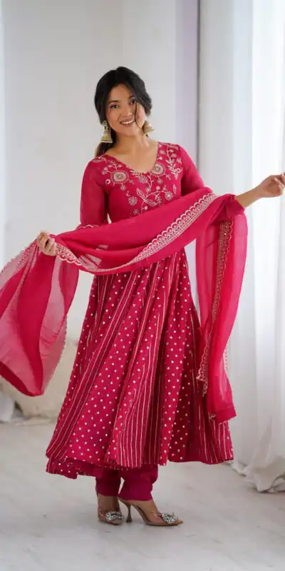 SRK 5293 Pink With Crunchy Silk With Fully Flair with Lace Work & Embroidery Work Anarkali Gown . Introductory Price ₹2149. Delivery 4-6 Worki | Bollywood Gowns, Creative Gowns, Designer Gowns, Embroidered Gowns, Gowns, Party Wear Gowns