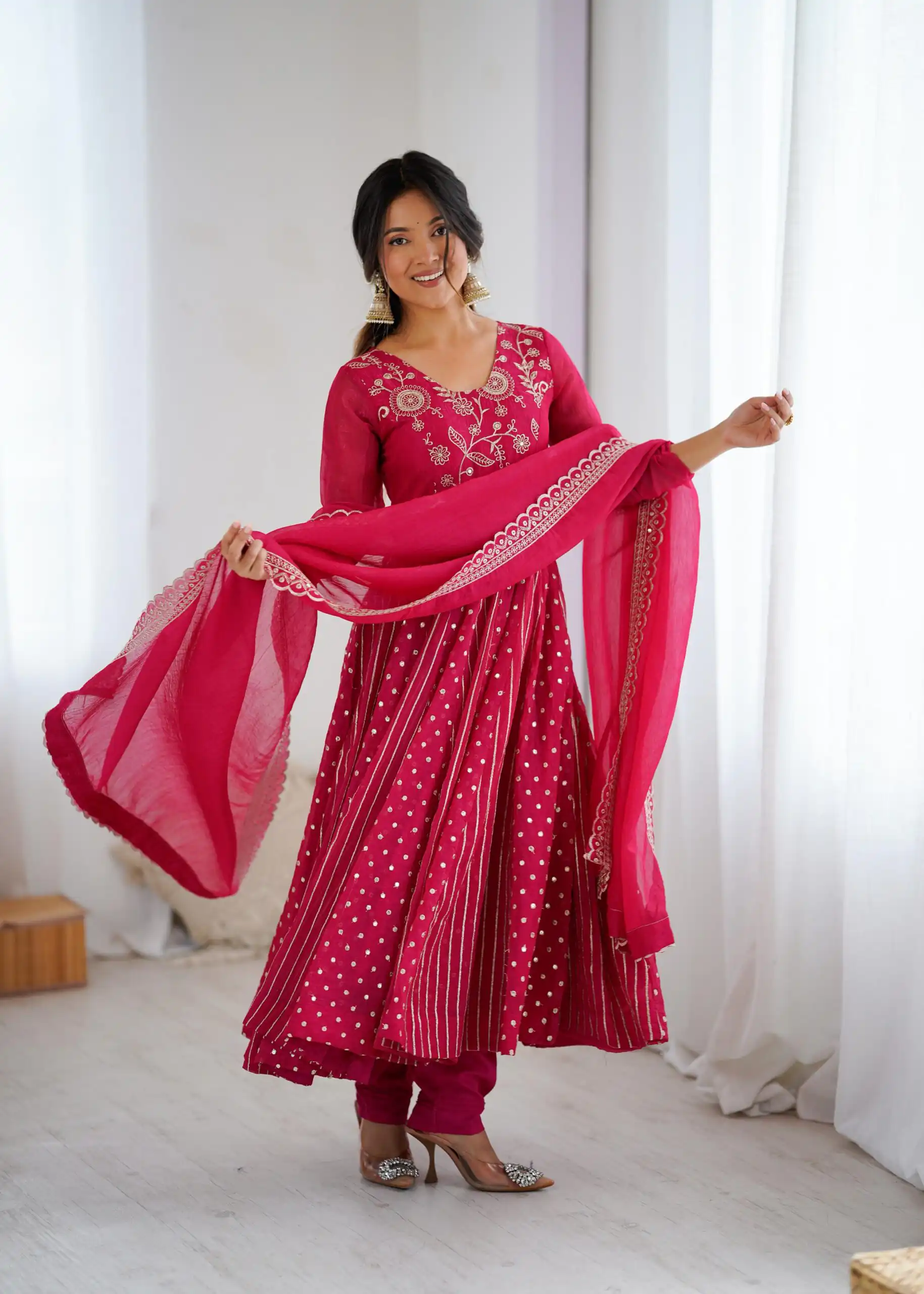 SRK 5293 Pink With Crunchy Silk With Fully Flair with Lace Work & Embroidery Work Anarkali Gown . Introductory Price ₹2149. Delivery 4-6 Worki | Bollywood Gowns, Creative Gowns, Designer Gowns, Embroidered Gowns, Gowns, Party Wear Gowns