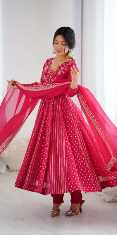 SRK 5293 Pink With Crunchy Silk With Fully Flair with Lace Work & Embroidery Work Anarkali Gown . Introductory Price ₹2149. Delivery 4-6 Worki | Bollywood Gowns, Creative Gowns, Designer Gowns, Embroidered Gowns, Gowns, Party Wear Gowns