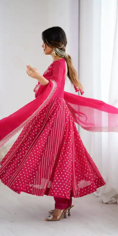 SRK 5293 Pink With Crunchy Silk With Fully Flair with Lace Work & Embroidery Work Anarkali Gown . Introductory Price ₹2149. Delivery 4-6 Worki | Bollywood Gowns, Creative Gowns, Designer Gowns, Embroidered Gowns, Gowns, Party Wear Gowns